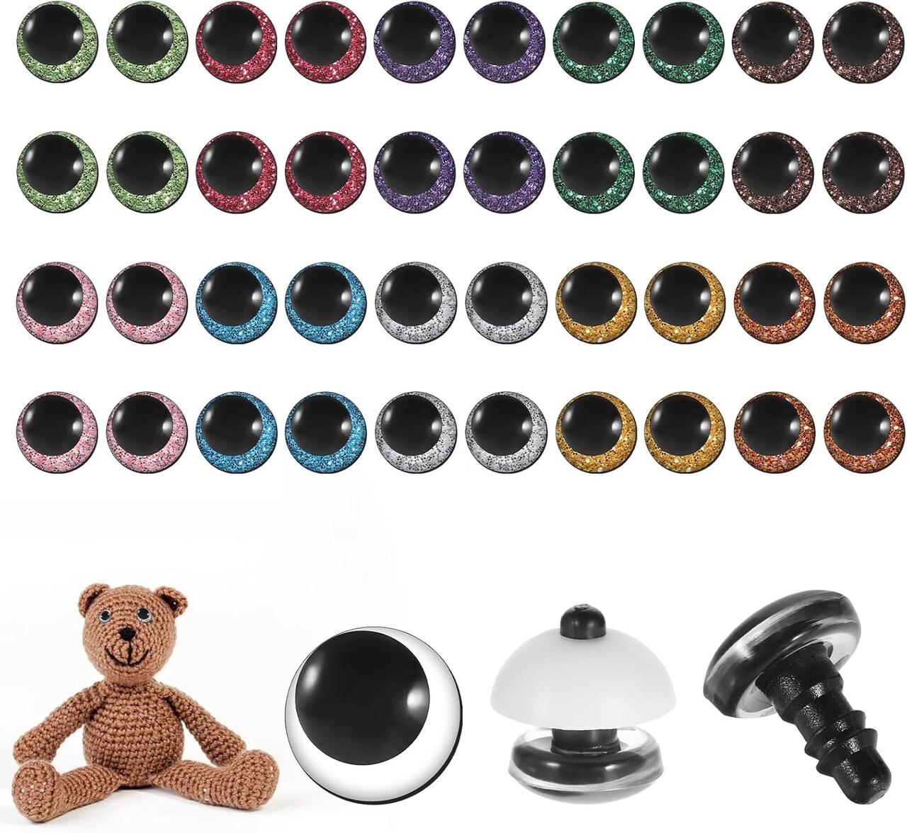 120-Piece 12mm 3D Glitter Safety Eyes with Washers – Multi-Color Plastic Eyes for Amigurumi, Crochet Dolls, Plush Toys & DIY Crafts